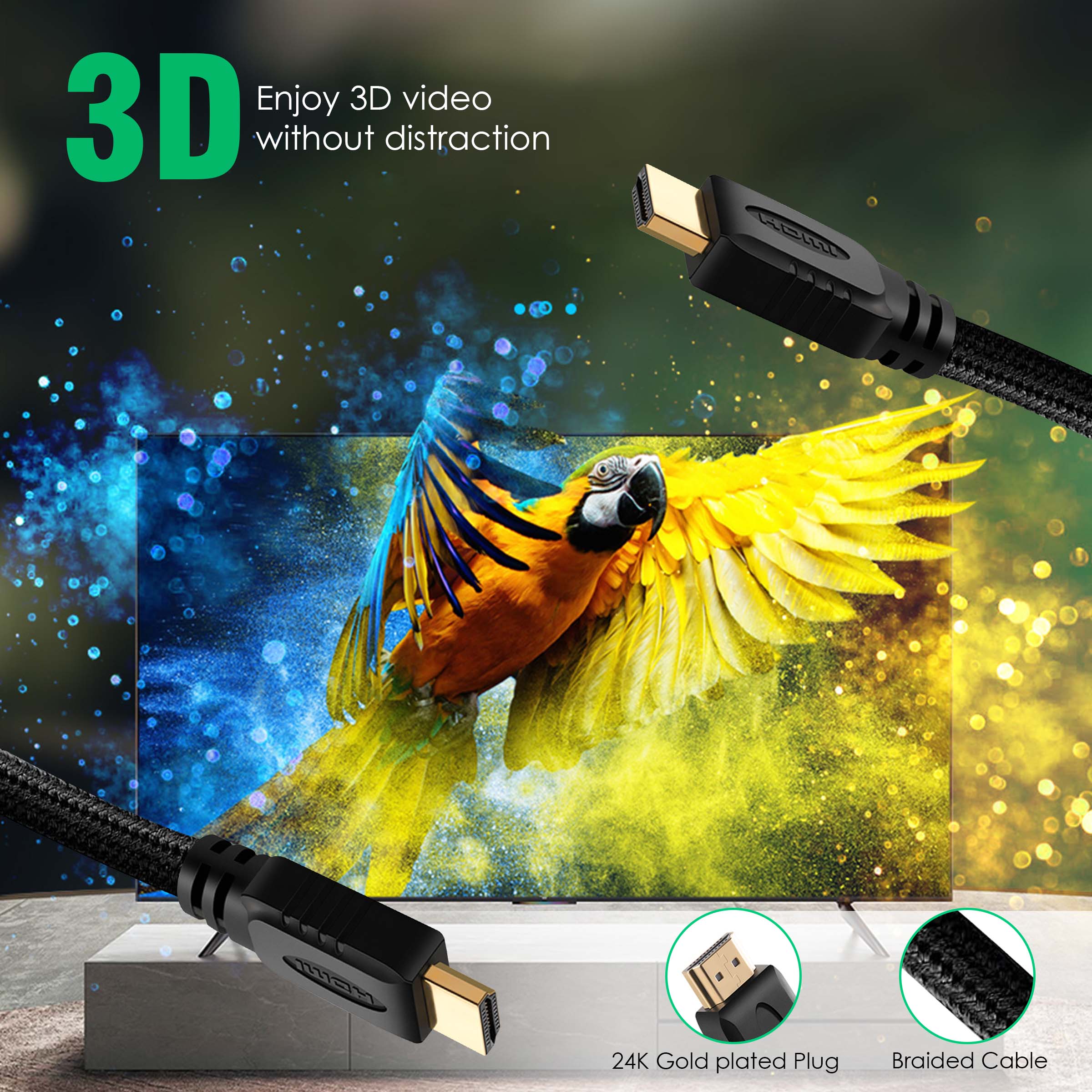 HDMI to HDMI Cable 10 Meters, HDMI 2.0, Premium High Speed, 18Gbps 4K@60Hz Support HDR, 3D, ARC, HDCP 2.2, Cotton Braided HDMI Cord for PS5/PS4/Xbox/Apple TV/Projector - Image 3