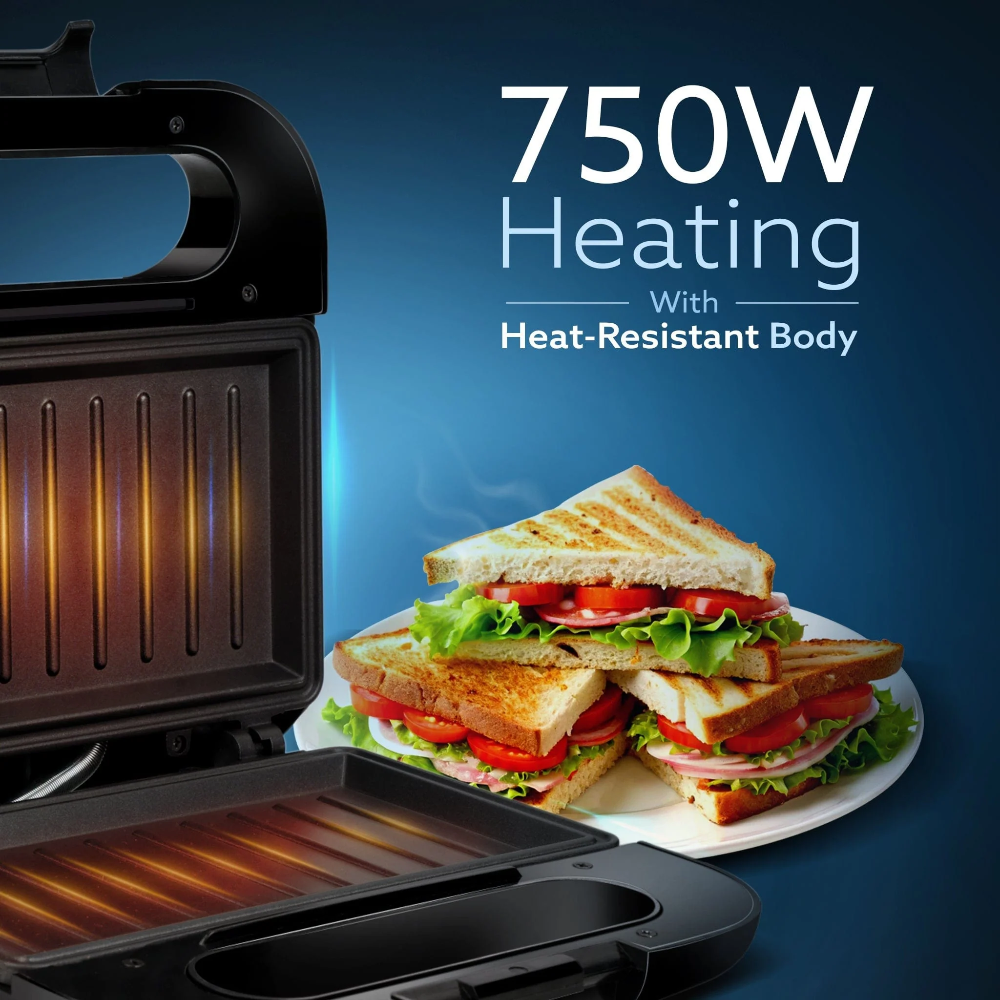 Primo Sandwich Maker, Non Stick Coated Grill Plates, 750W, 90 Degrees Openable Plate, Automatic Cut Off, LED Display, Black - Image 10